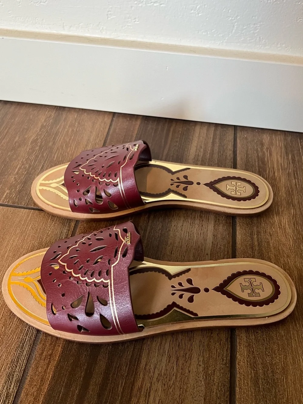 Tory Burch Burgundy Laser-Cut Leather Slide Mules
